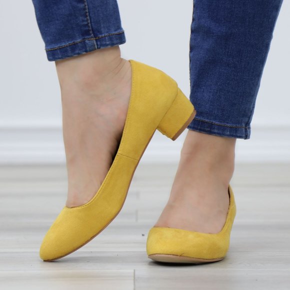 Mustard Faux Suede Close Round Toe Kitten Low Block Heel Pumps - Picture 8 of 13